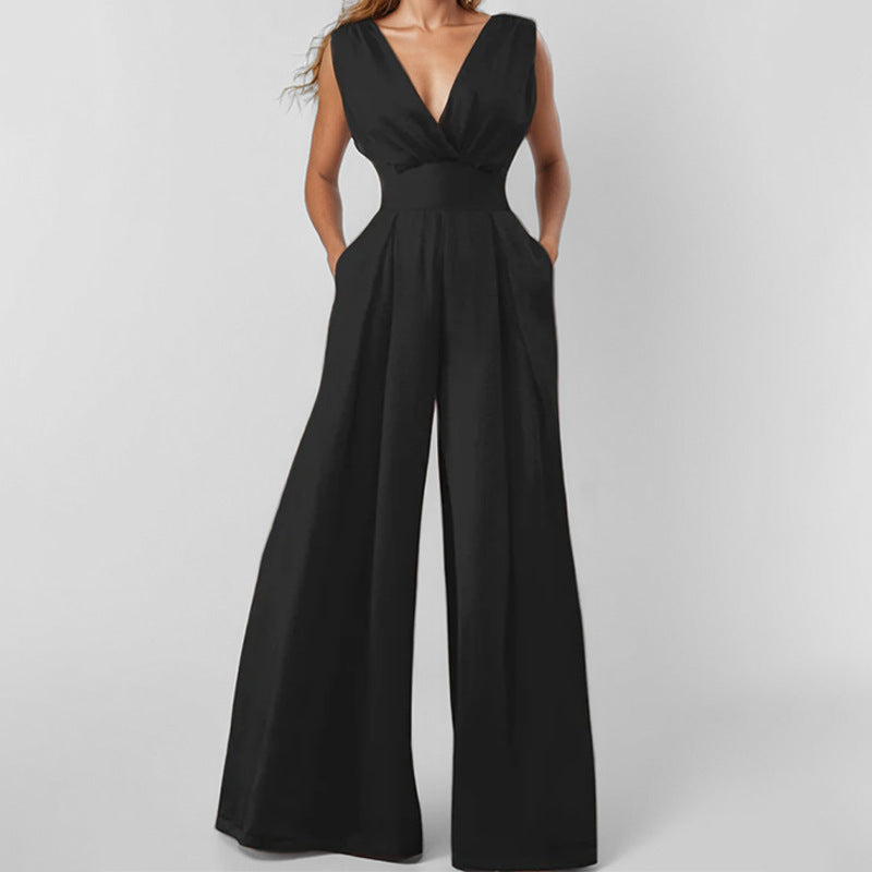 Dame jumpsuit med vidde ben og elegant V-hals Stilla