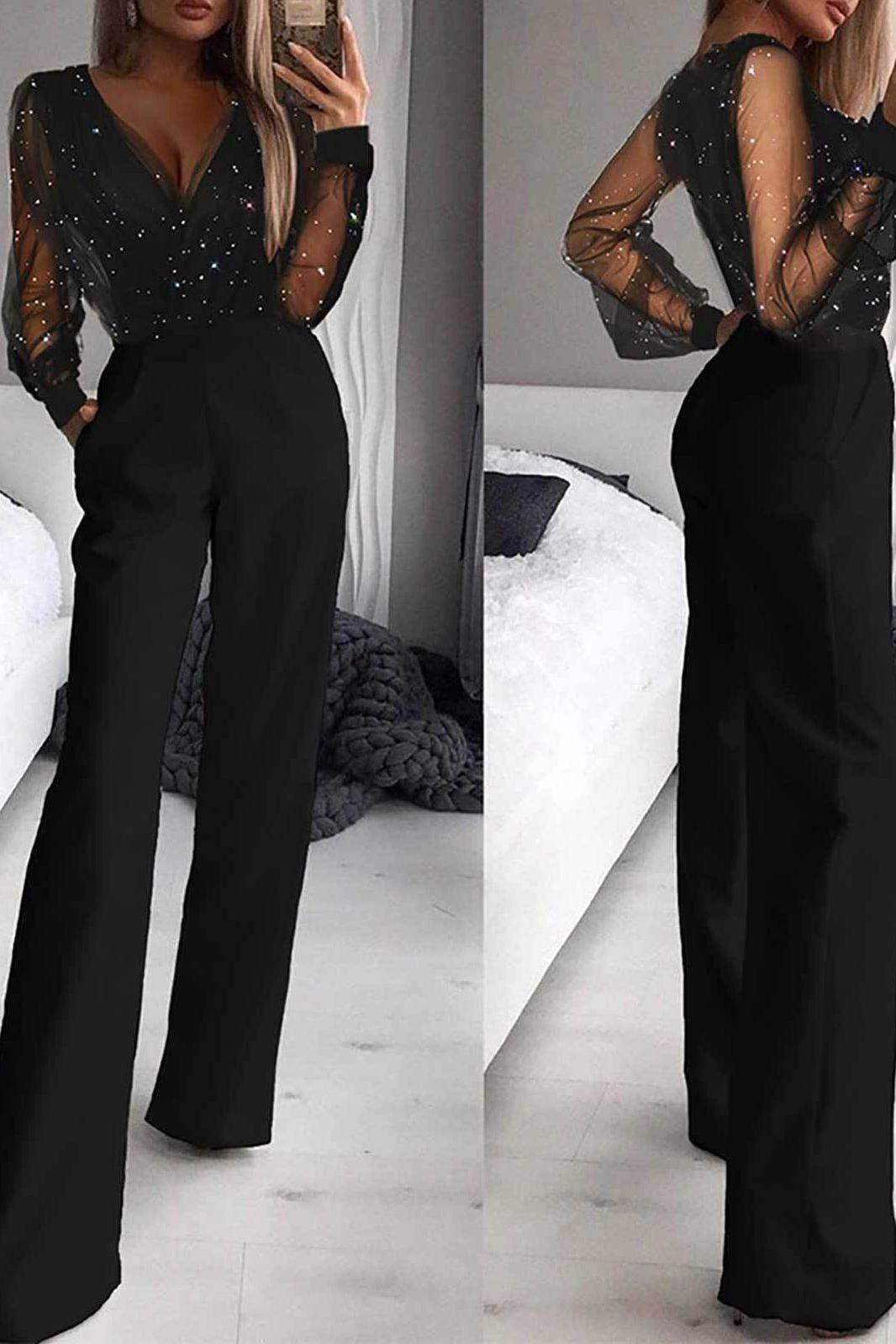 Stilla | Sort Jumpsuit Med Mesh Pulver Indlæg