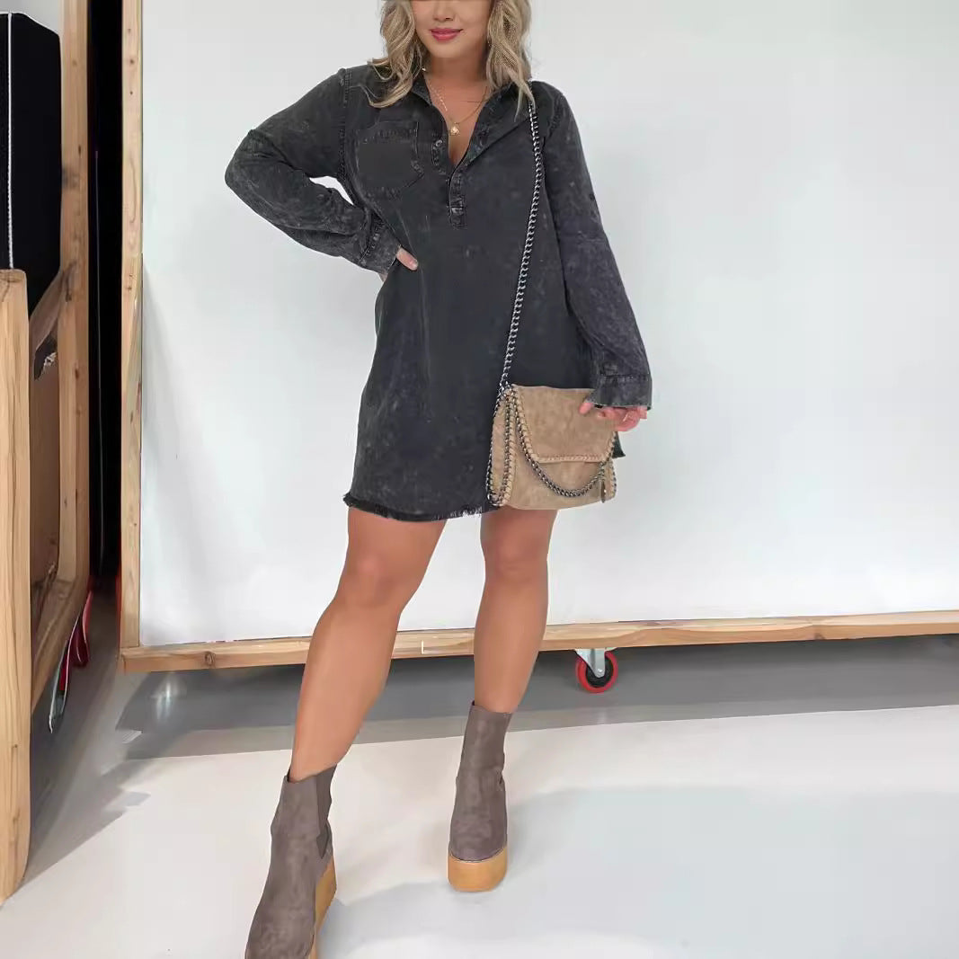 Dame Denim-langærmet kjole med struktureret fløjl-design og knapbar liste Stilla