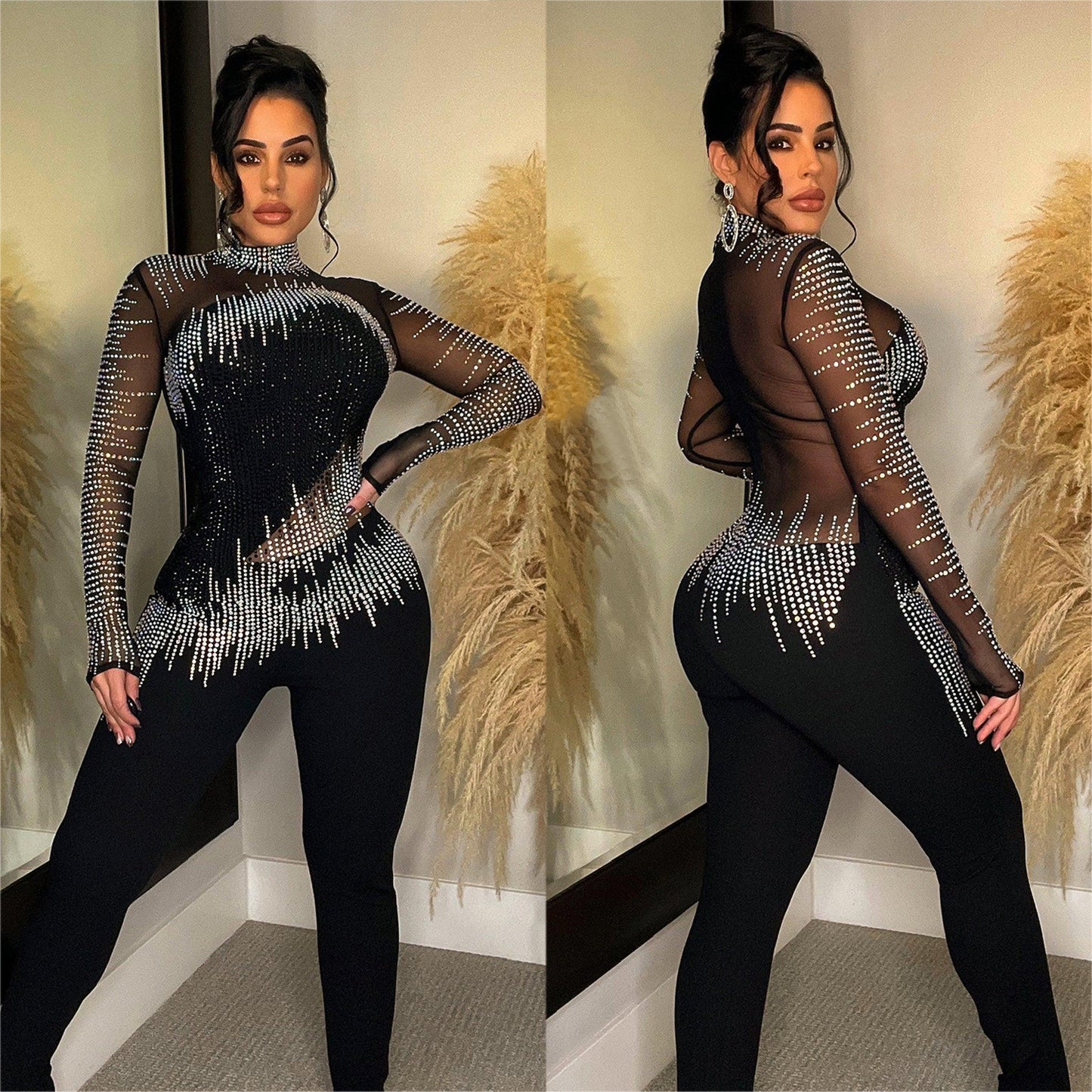 Dame Glamourøs Bodycon Jumpsuit med gennemsigtigt overdel og glitrende strassdekorationer Stilla