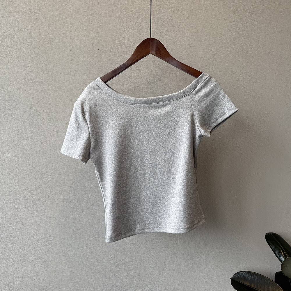 Dame afslappet kortærmet top med vid udskæring og kvalitets bomuldsstof Stilla