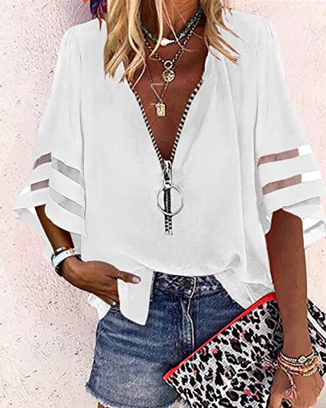 Dame afslappet bluse med justerbar lynlås og gennemsigtige ærmer Stilla