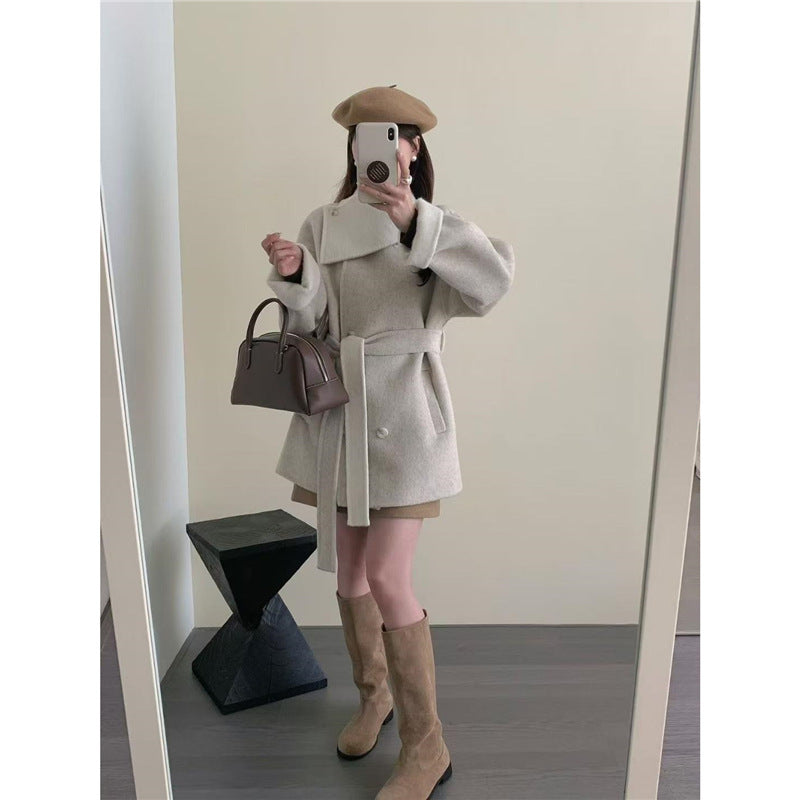 Dame dobbeltknappet uldblandingsfrakke med kontrastkrave Stilla