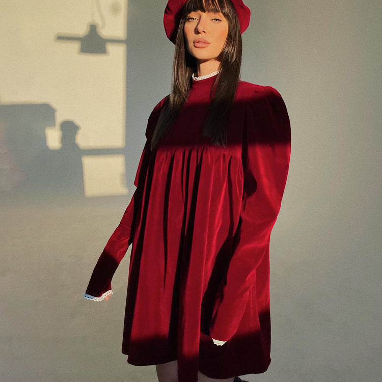 Dame A-linje Kjole med høj krave og flæsedetaljer Stilla