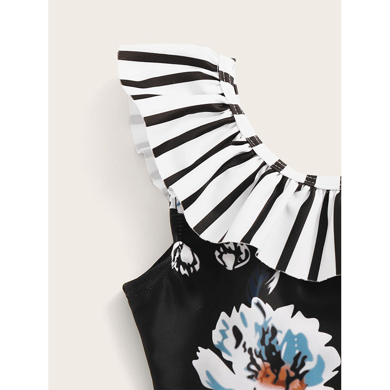 Dame Elegant Én-delt Badedragt med voluminøs Blonder Krave og Floral Design Stilla