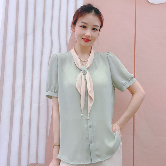 Dame Elegant Bluse med Sløjfe Krave og Perle Detaljer Stilla