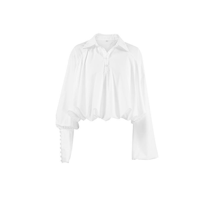 Dame cropped bluse med voluminøse ærmer og elegant høj krave Stilla