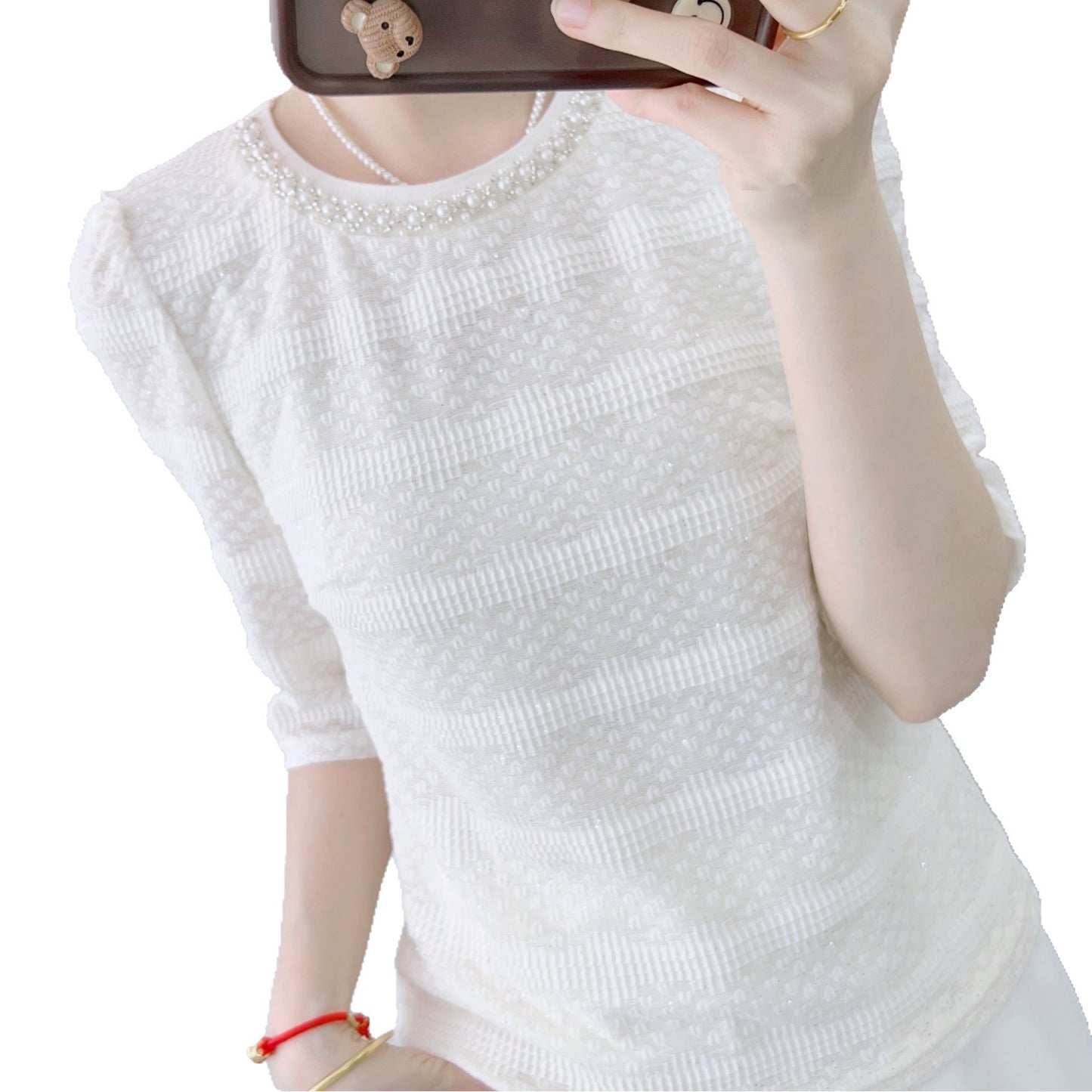 Dame Elegant Bluse med perleprydet krave og struktureret mønster Stilla