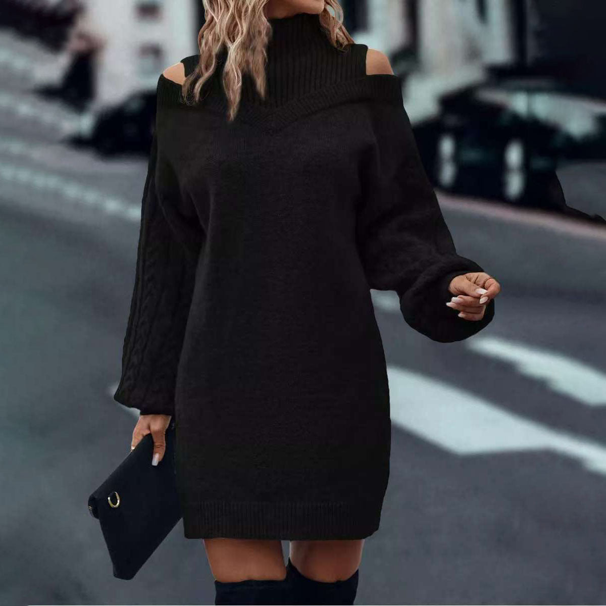 Femme Off-Shoulder Kabelstrik Pullover Kjole Stilla