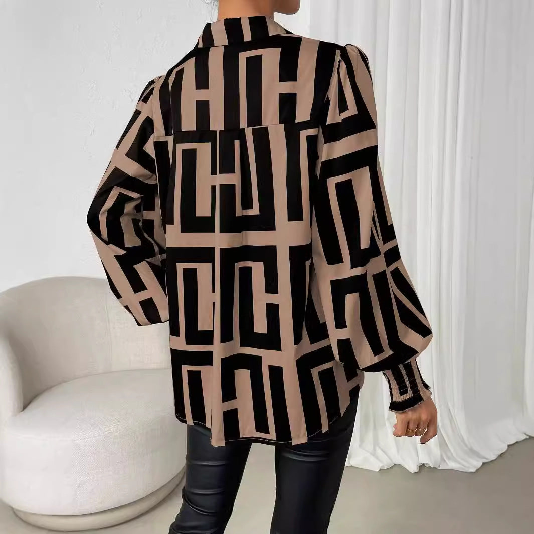 Dame Elegant Bluse med voluminøse ærmer og geometrisk mønster Stilla