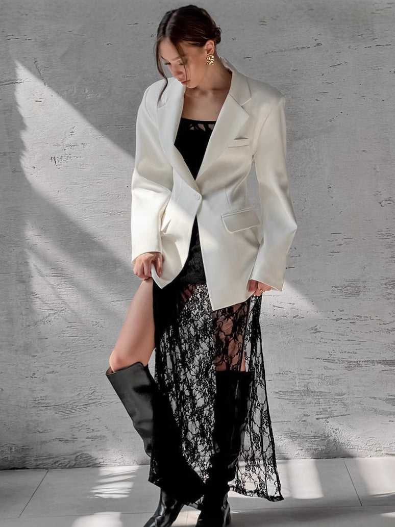 Dame Elegant blazer-outfit med gennemsigtig spidspullover lang jakke Stilla