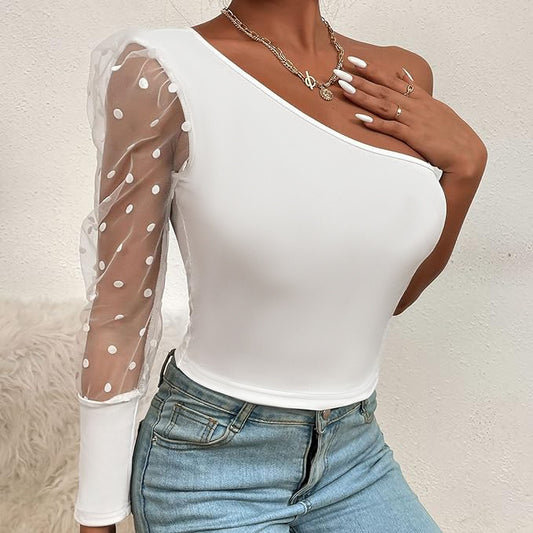 Dame Elegant bodysuit med asymmetrisk snit og gennemsigtig puffærme Stilla