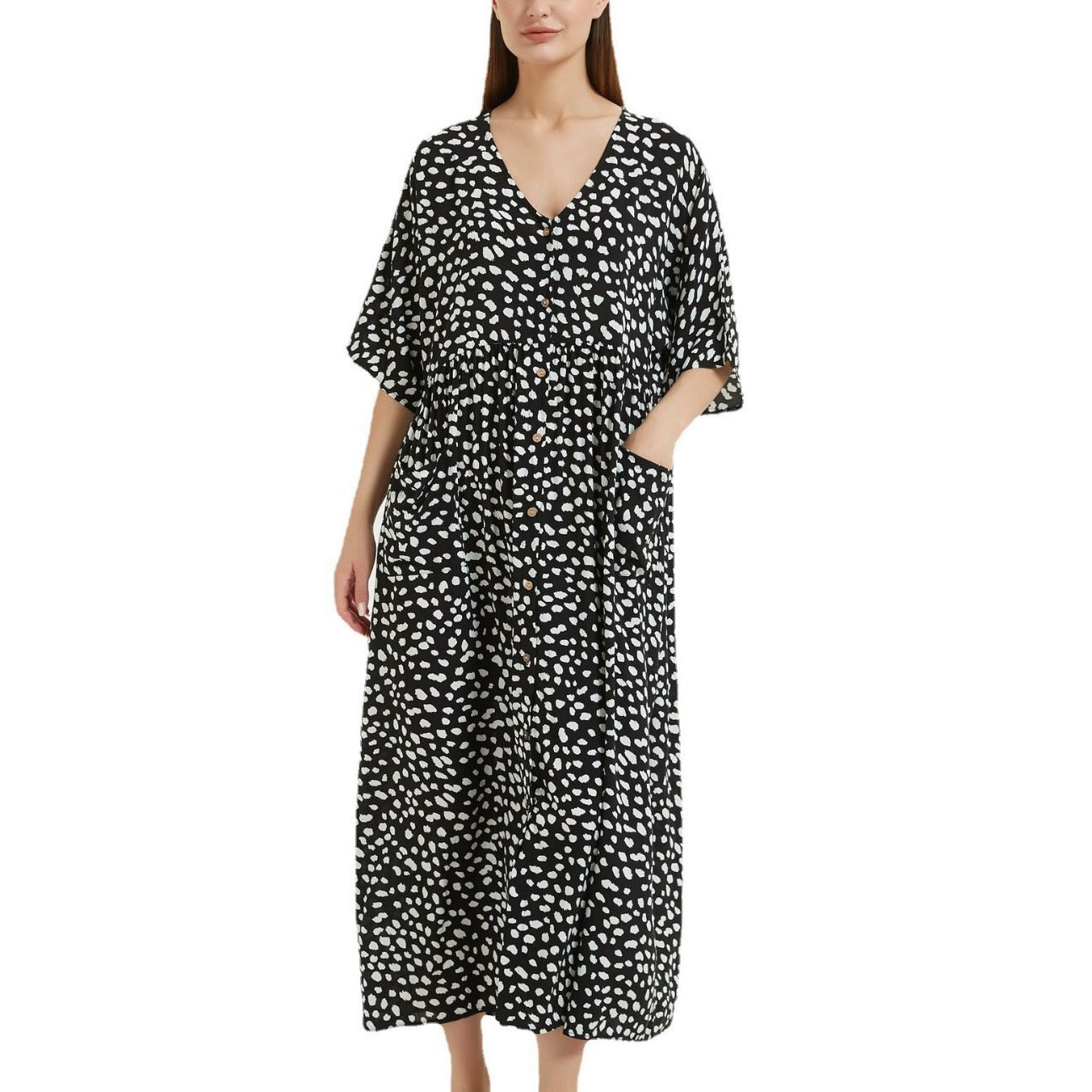 Dame afslappet maxikjole med dyb V-hals og sidelommer Stilla