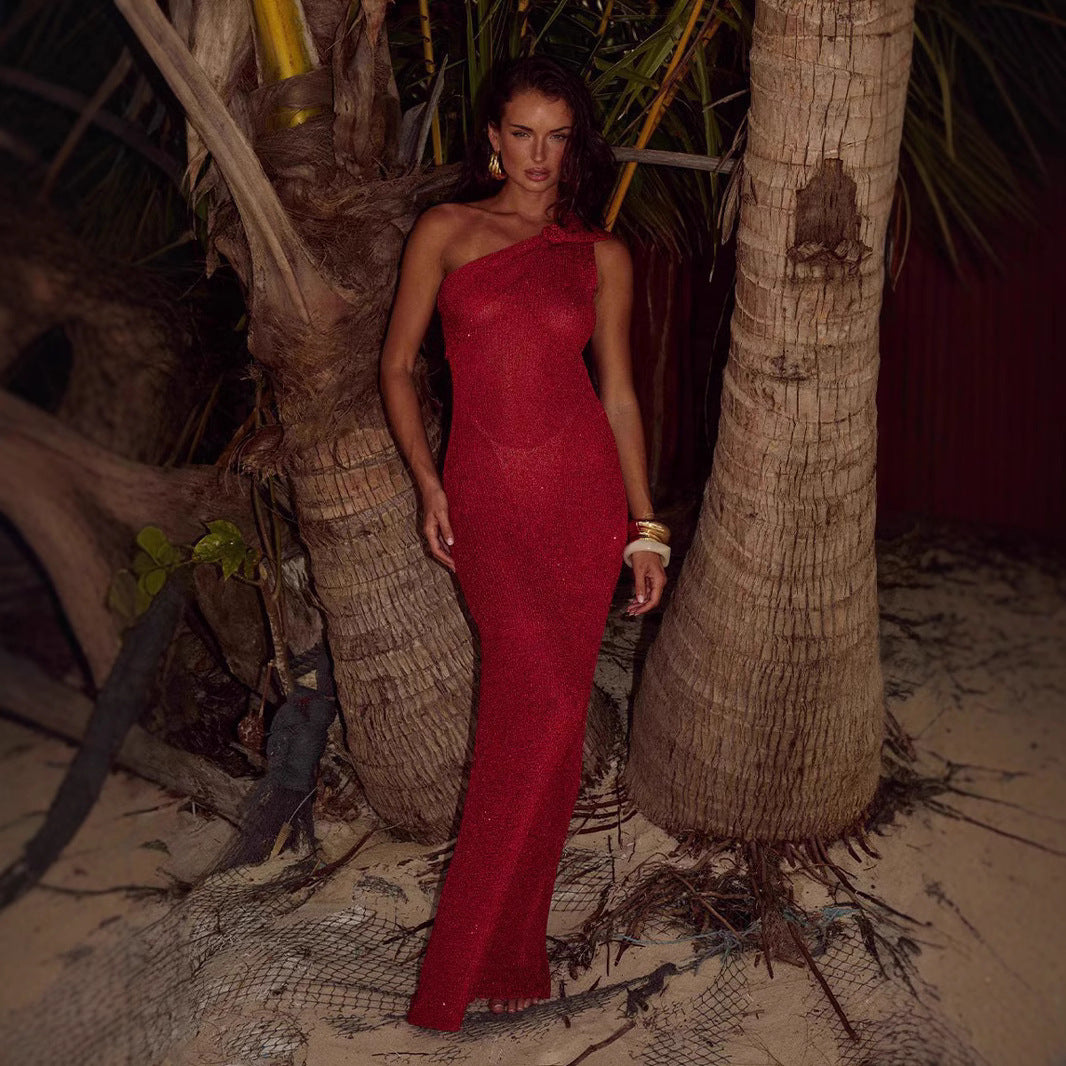 Dame elegant Bodycon Maxikjole med asymmetrisk udskæring og glitrende effekt Stilla