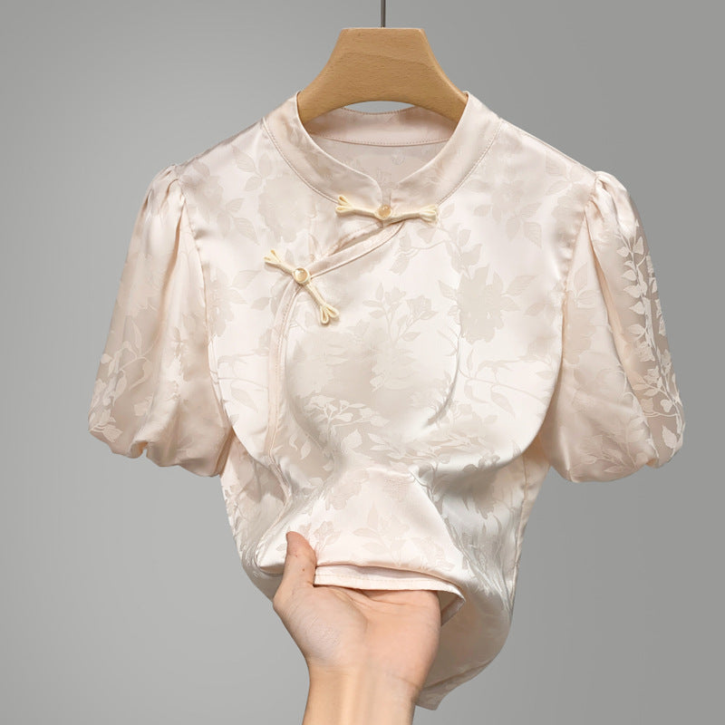 Dame Elegant Blusenshirt med blomsterapplikationer og puffærmer Stilla