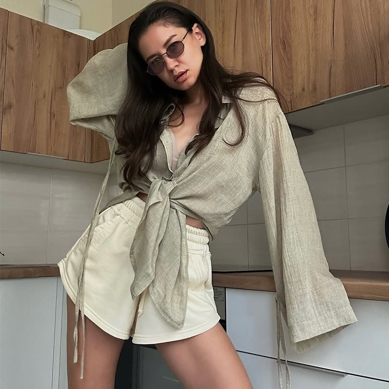 Dame afslappet oversized bluse med bælte og voluminøse ærmer Stilla