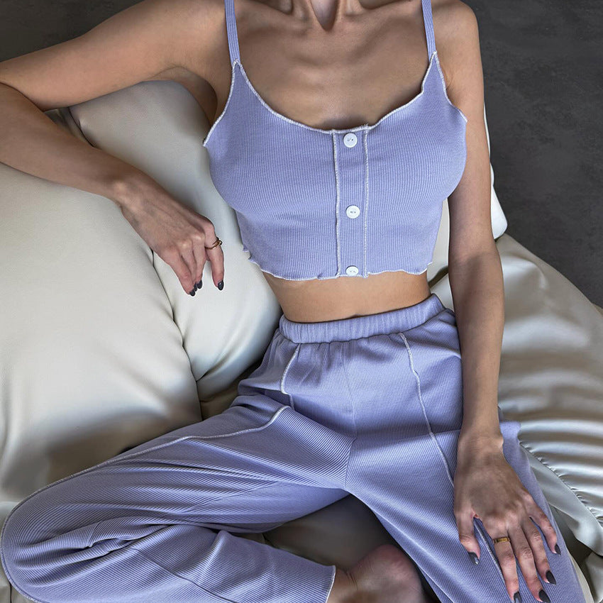 Dame Cropped Top og bred Bukse Sæt med Knapdetalje Stilla