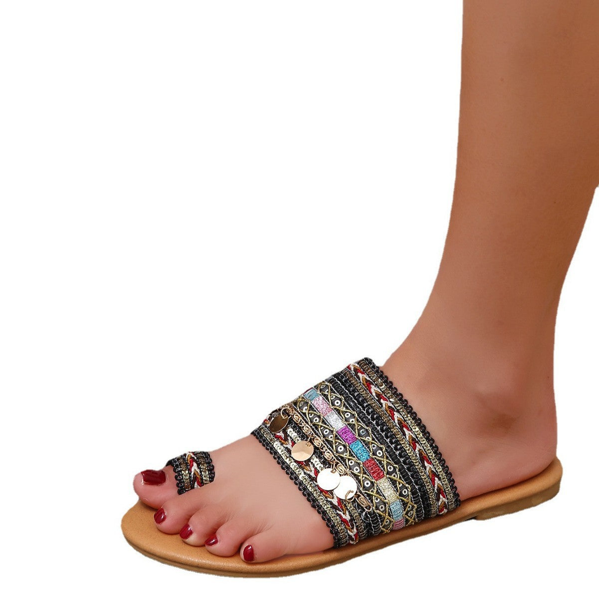 Dame åbne sandaler med dekorative metal accenter og flerfarvet vævemønster Stilla