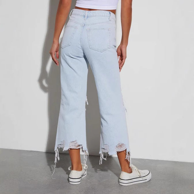 Dame Ripped Wide-Leg Jeans med frynset kant Stilla