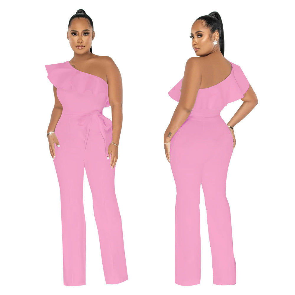 Dame Elegant One-Shoulder Jumpsuit med Rynke Detaljer og Taljebælte Stilla