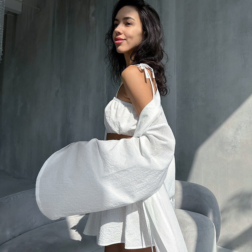 Dame elegant Kimono-kåbe med bred ærme og taljebælte Stilla