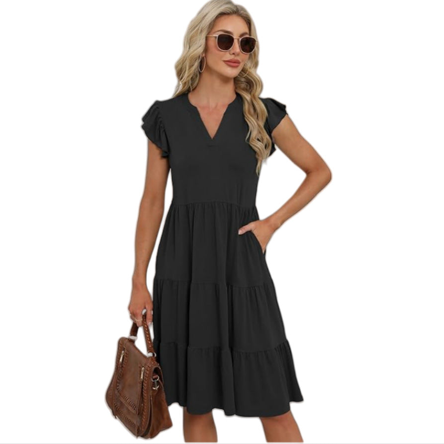 Dame afslappet sommerkjole med uldne ærmer og V-hals Stilla