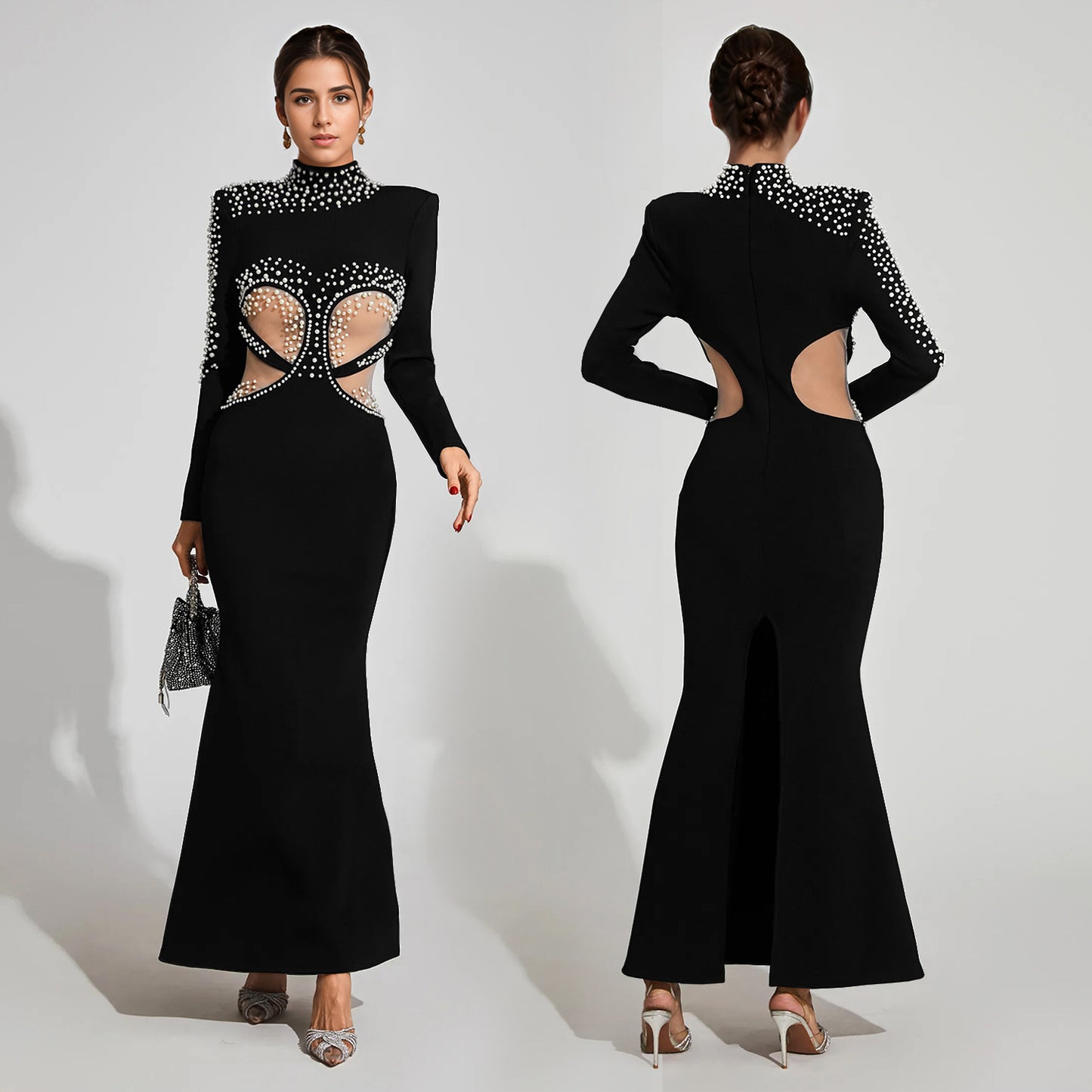 Dame Elegant Bodycon Aftenkjole med Rhinsten dekorationer og Cut-Out detaljer Stilla