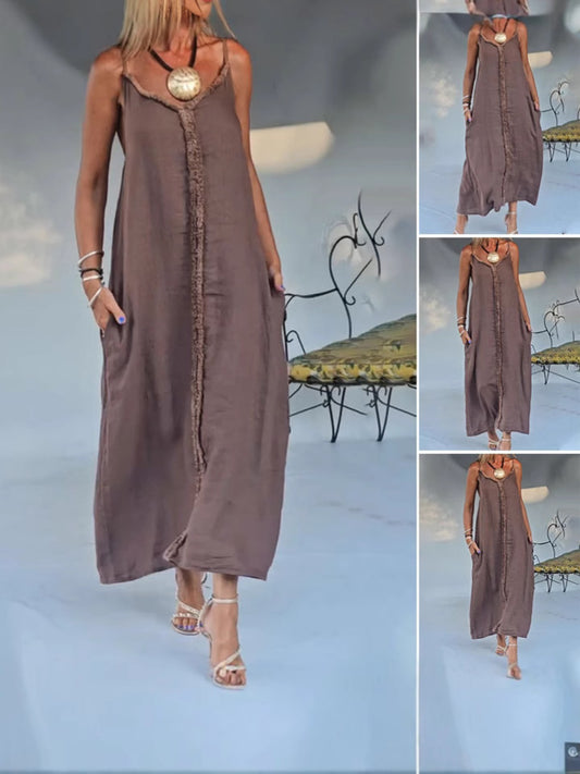 Dame afslappet maxikjole med fine frynser og justerbare stropper Stilla