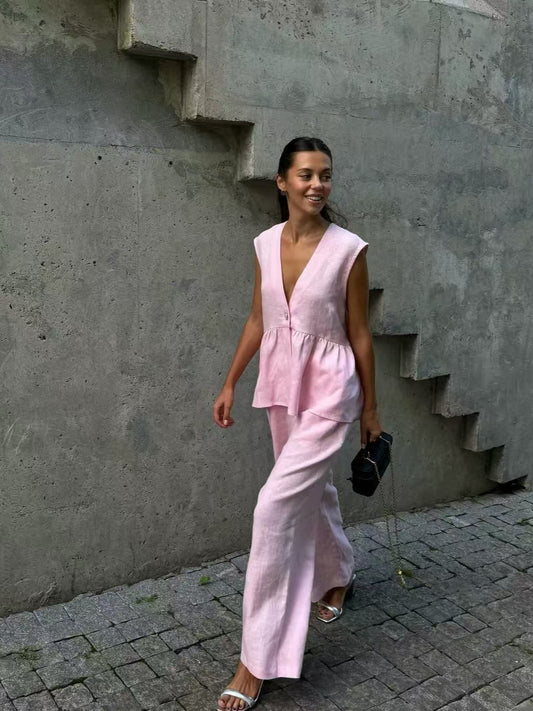 Dame afslappet linned sæt med ærmeløs overdel og bred bukseklip Stiila