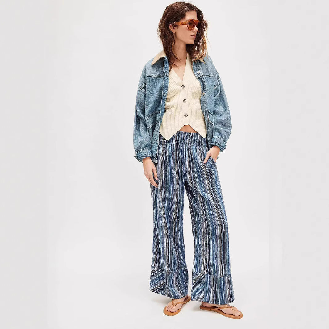 Dame afslappede strandbukser med stilfuldt stribemønster og elastisk talje Stilla