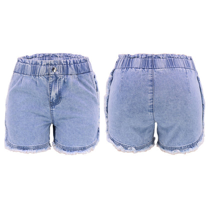 Dame lækre denim-shorts med elastisk talje og frynset kant Stilla