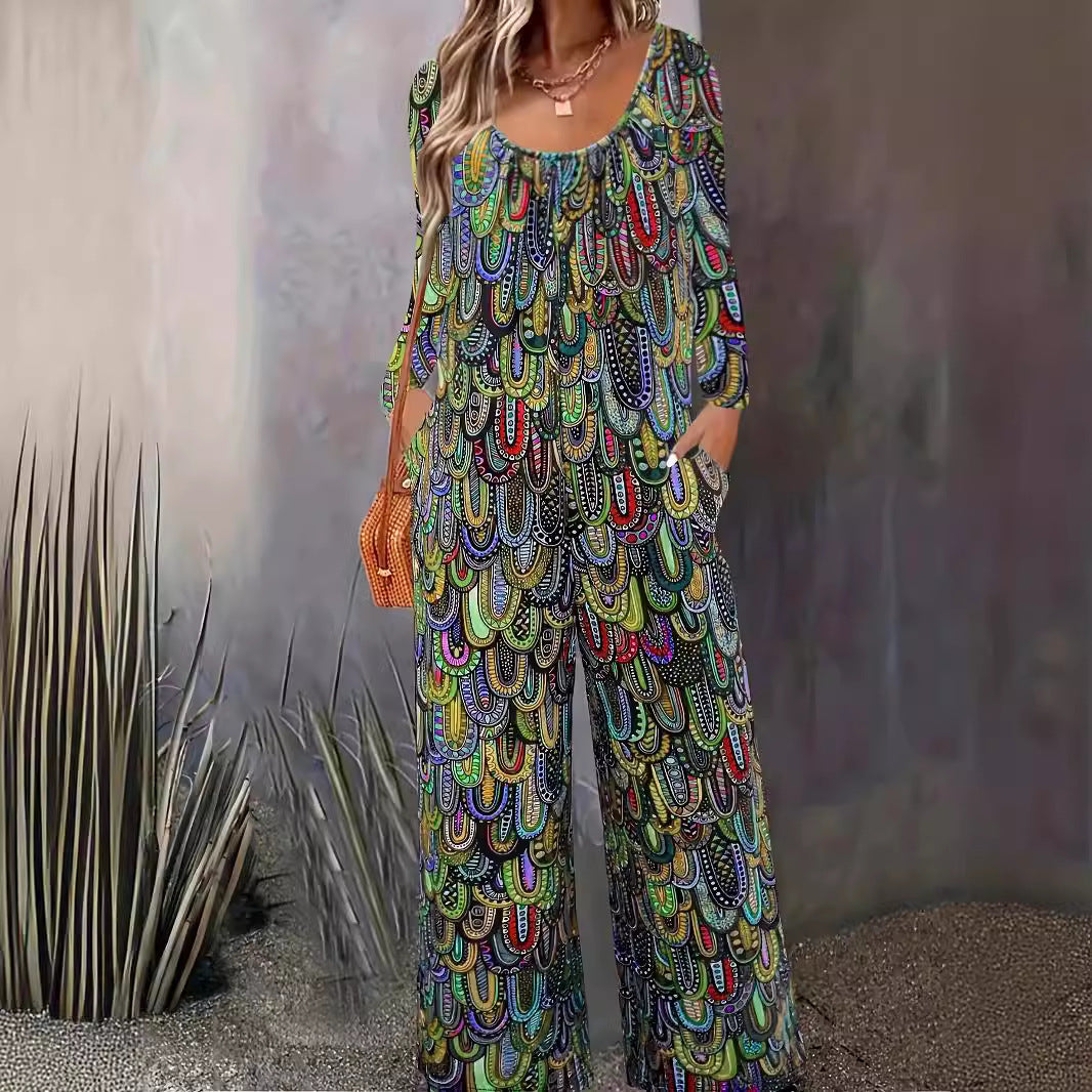 Dame Bredskåret Jumpsuit med farverigt Ethnomønster og sidelommer Stilla