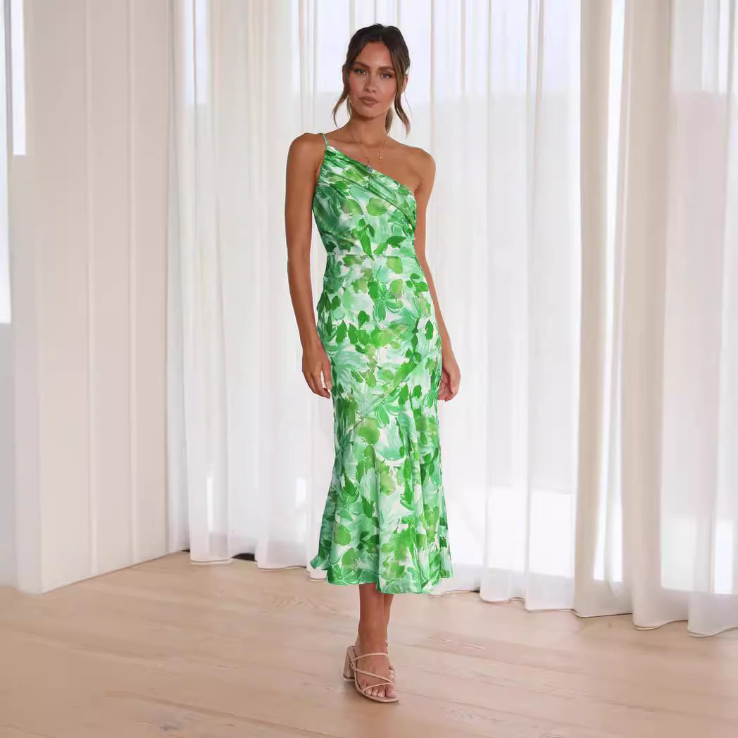 Dame elegant blomster-midi-kjole med asymmetrisk udskæring Stilla