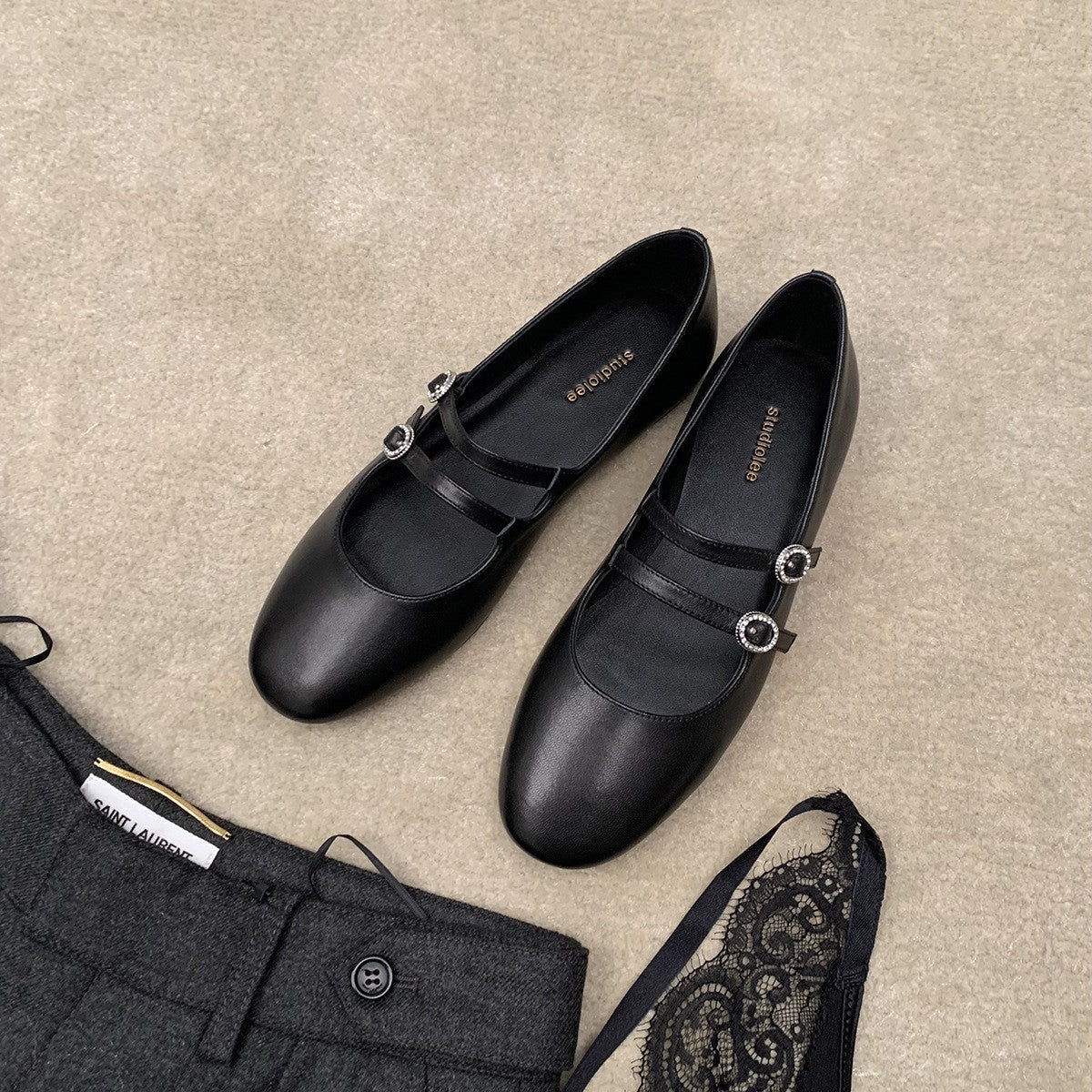 Dame Elegant Dobbeltrem Mary Jane Ballerinaer med Strassdetaljer Stilla