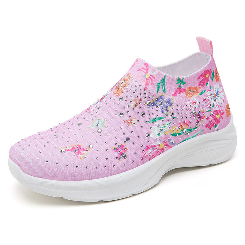 Dame Elastiske Slip-On Sneakers med floralt Strassdesign og dæmpende sål Stilla