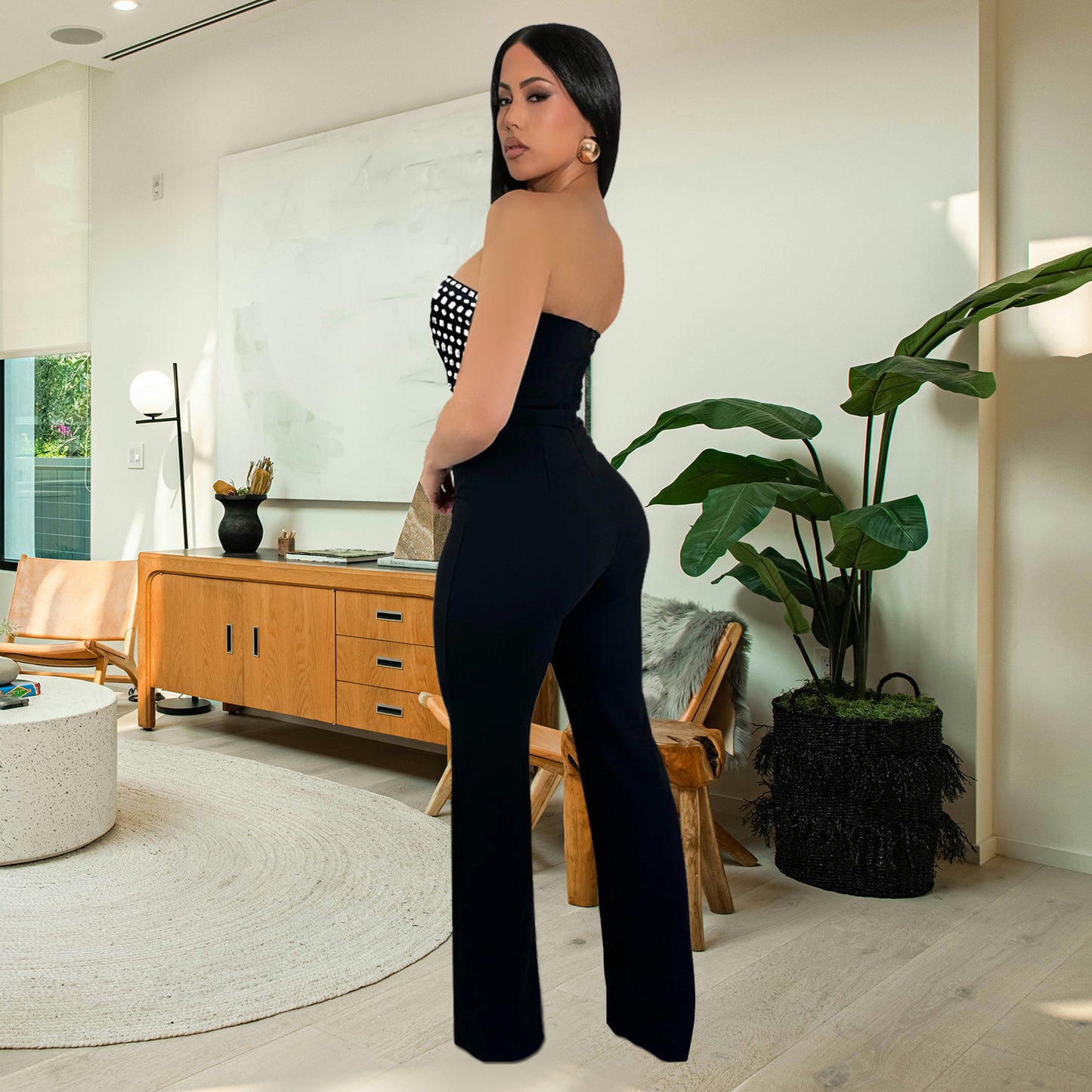 Dame Elegant og tætsiddende Jumpsuit med båndløst design og moderne ternet mønster Stilla