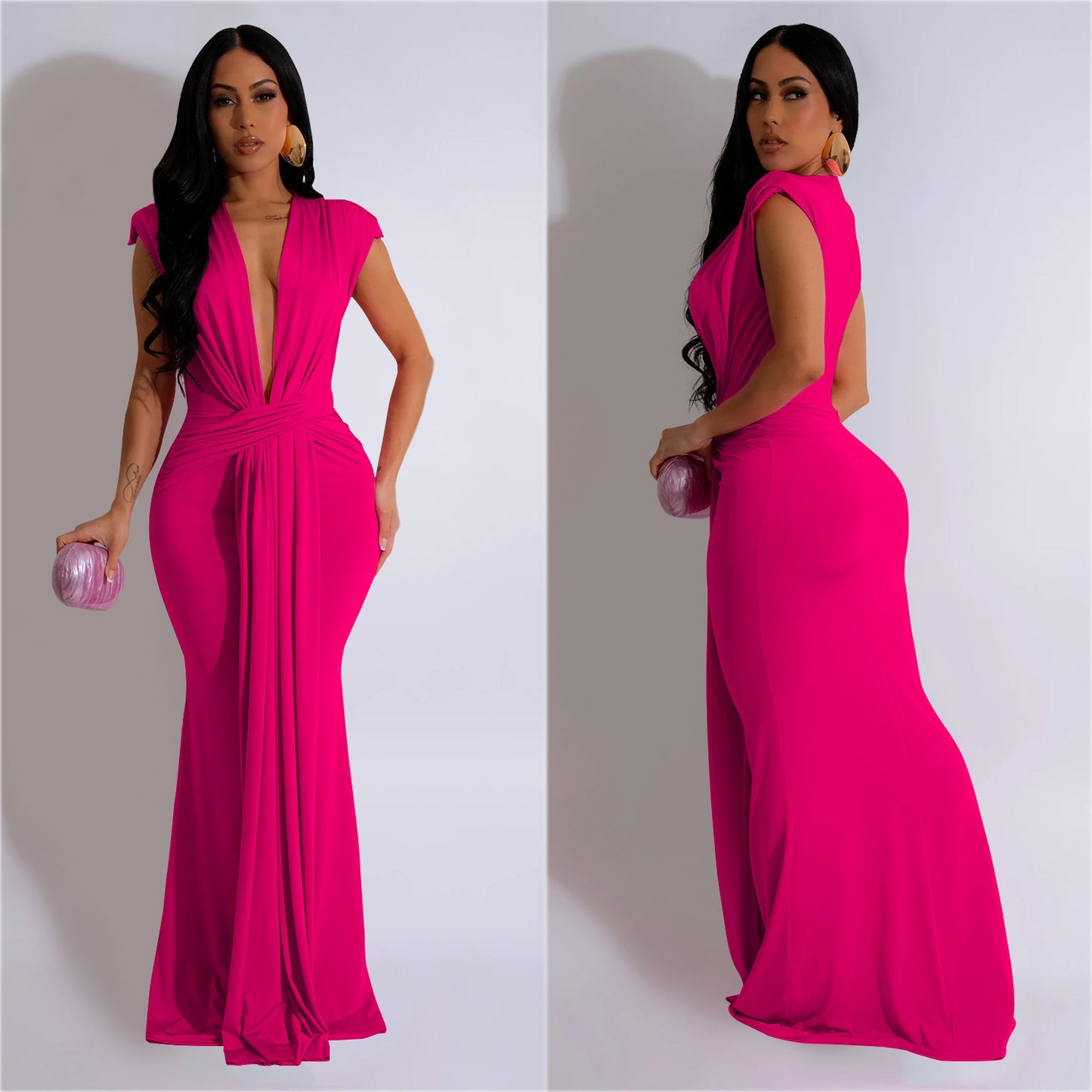 Dame Elegant dybudskåret maxikjole med knudeformet design og flydende stof Stilla