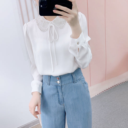 Dame Elegant Bluse med dekorativ krave og fine flæse detaljer Stilla