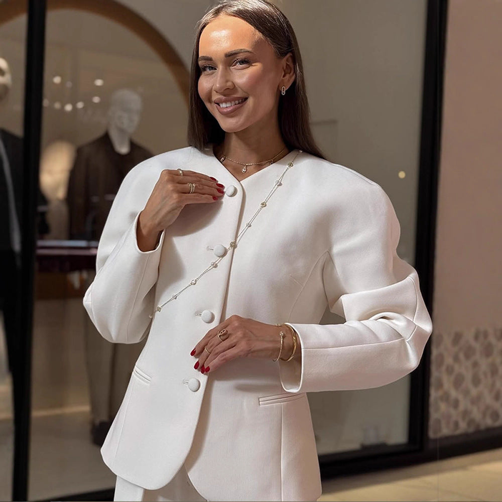 Dame Elegant Blazerjakke med fashionable Puffærmer og dekorativt Knapdesign Stilla