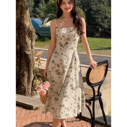 Dame A-linje Blomster Skjorte Midi Kjole med justerbare stropper Stilla