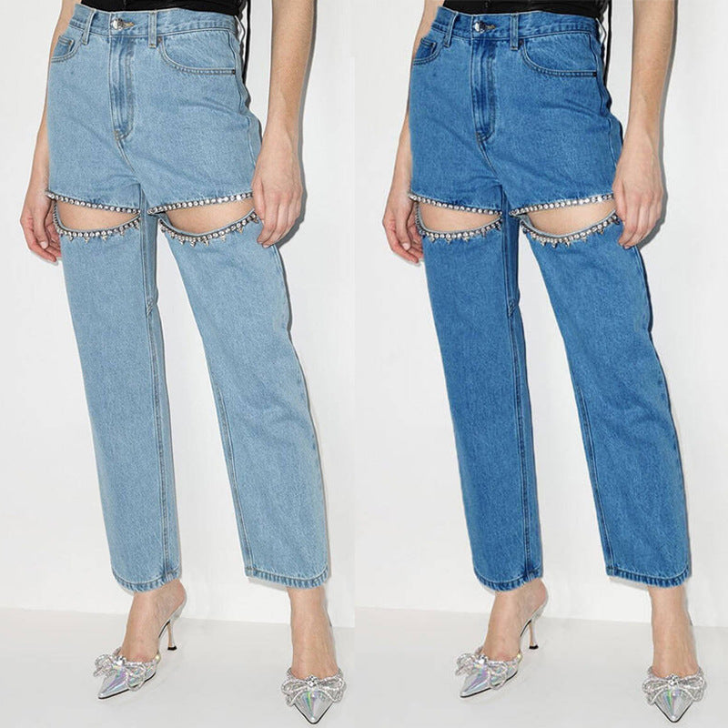Damejeans med dekorative cut-outs og strasspynt Stilla