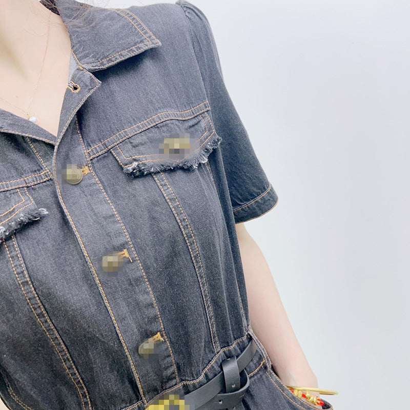 Dame Denim Kjole med taljerbar bælte og elegante lommer Stilla