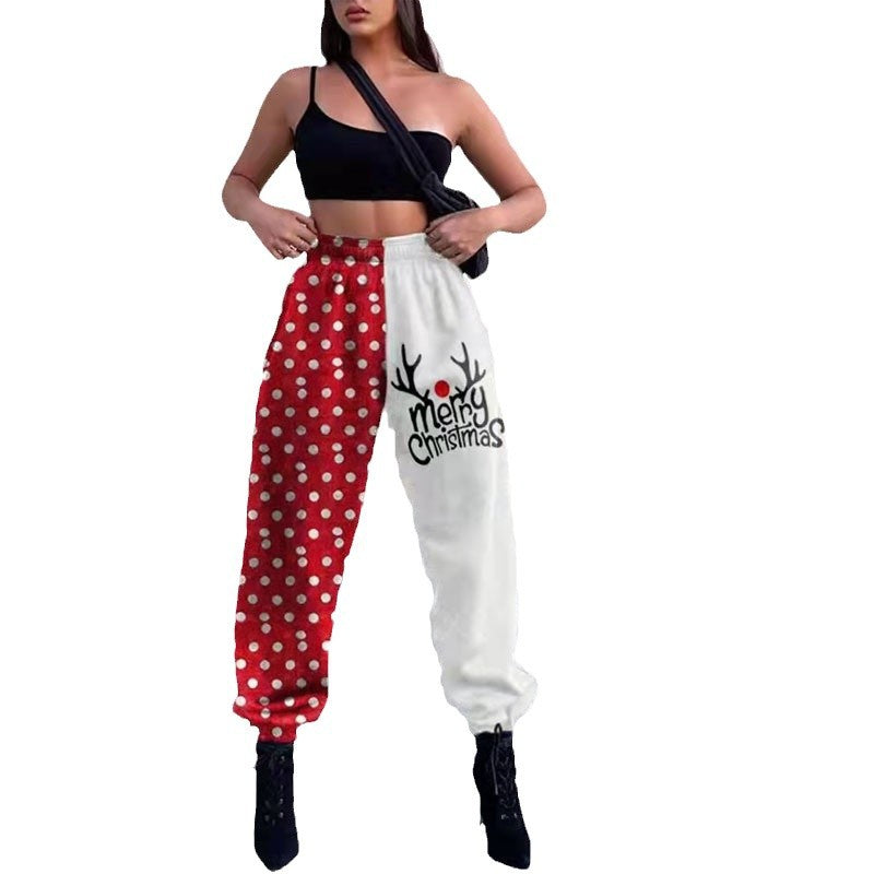 Dame afslappede fritidsbukser med festligt snemandsdesign og ternet mønster Stiila