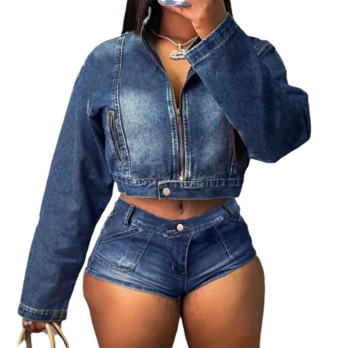 Dame Denim Crop Jakke med High-Waist Shorts Stilla