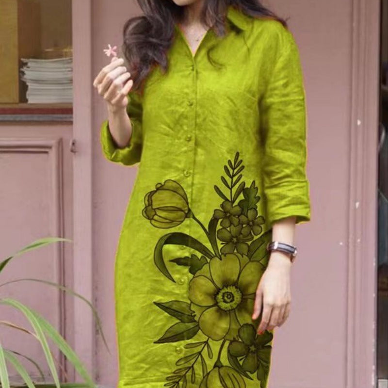 Dame afslappet skjortekjole med blomsterdesign Stilla