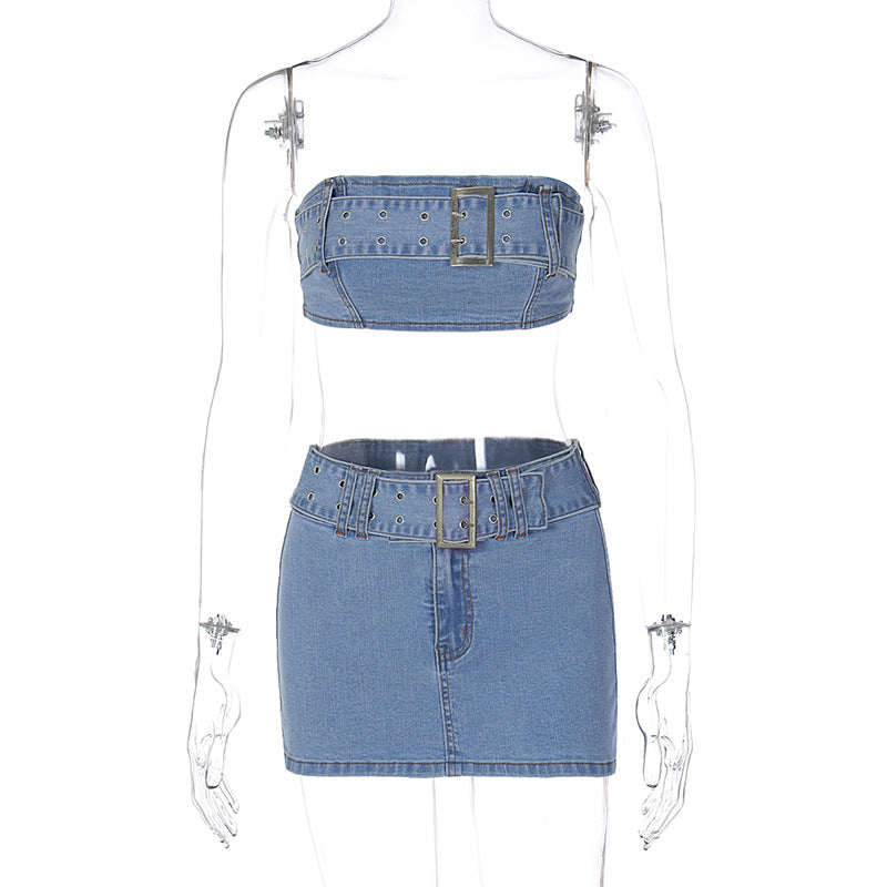 Dame Denim Crop Top og Miniskørt Ensemble med Bælte Detaljer Stilla