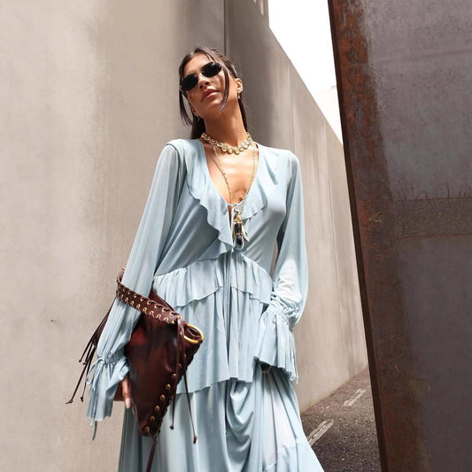 Dame elegant flæse-overdel og maxiskørt-sæt Stilla