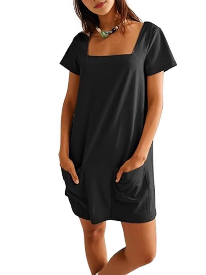 Dame afslappet kjole med praktiske lommer og elegant firkantet udskæring Stilla