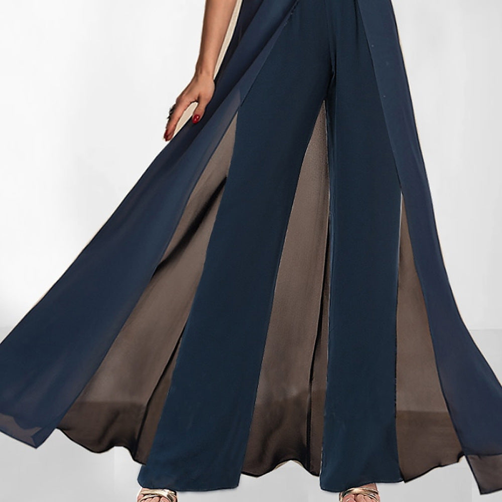 Dame Elegant Palazzo-jumpsuit med svajende ærmer og gennemsigtige indsatser Stilla