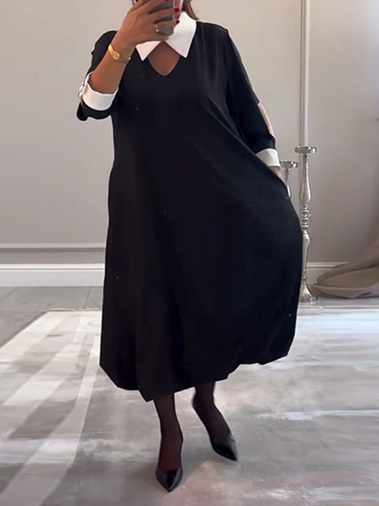 Dame afslappet skjortekjole med moderne V-udskæring og elegante kontrastærmer Stilla